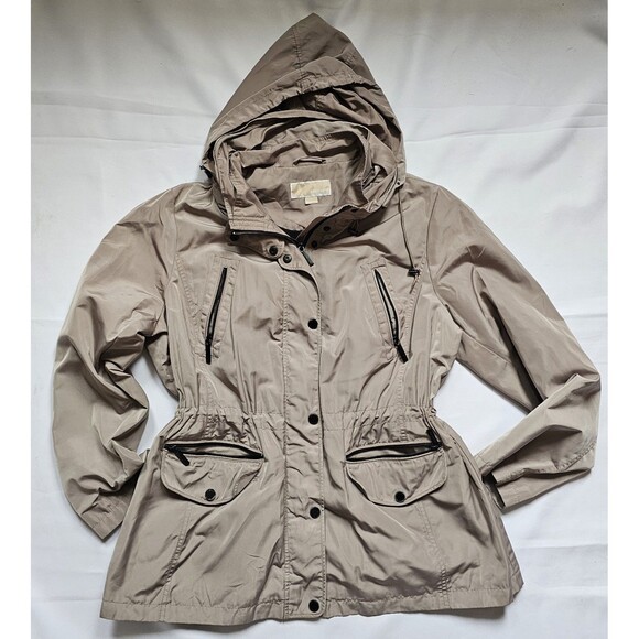 Michael Kors Full Zip Hooded Trench Coat in beige nylon material Women’s XL - Picture 1 of 7